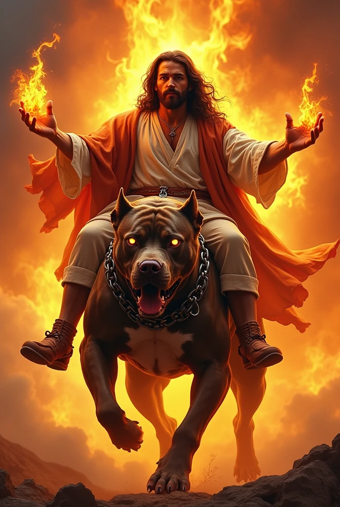 Jesus riding a pitbull with fire eyes and exaggerated flames in the background and the pitbull has a chain collar