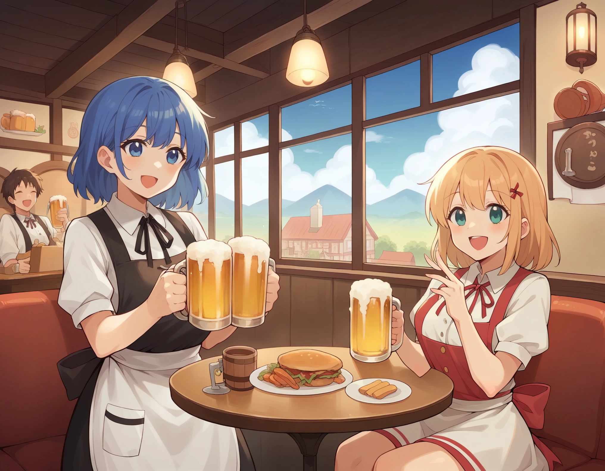 Highest quality, Very detailed, Beer , smile, cup, Lightブルーのロングヘア, Holding cup, Mug, alcohol, food, Holding,, ribbon, Beer  Mug, , apron, waitress, neck ribbon, shirt, Laughter, Happy, 明るいsmile, 
New Munich, scenery, table, Outdoor, blue sky、Chair, window, ceiling Light, restaurant, Light, 
