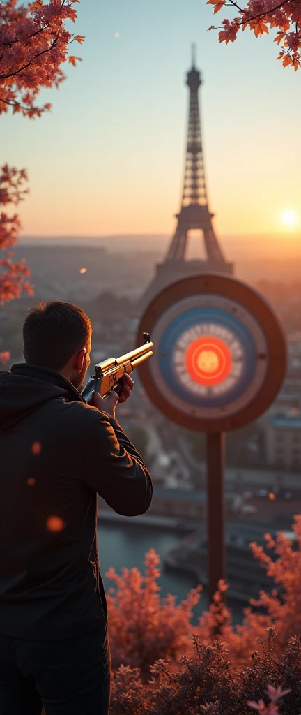 Shooting with a gun aiming at a circle in the distance, Paris Olympic Games, in the background, large, the aromas