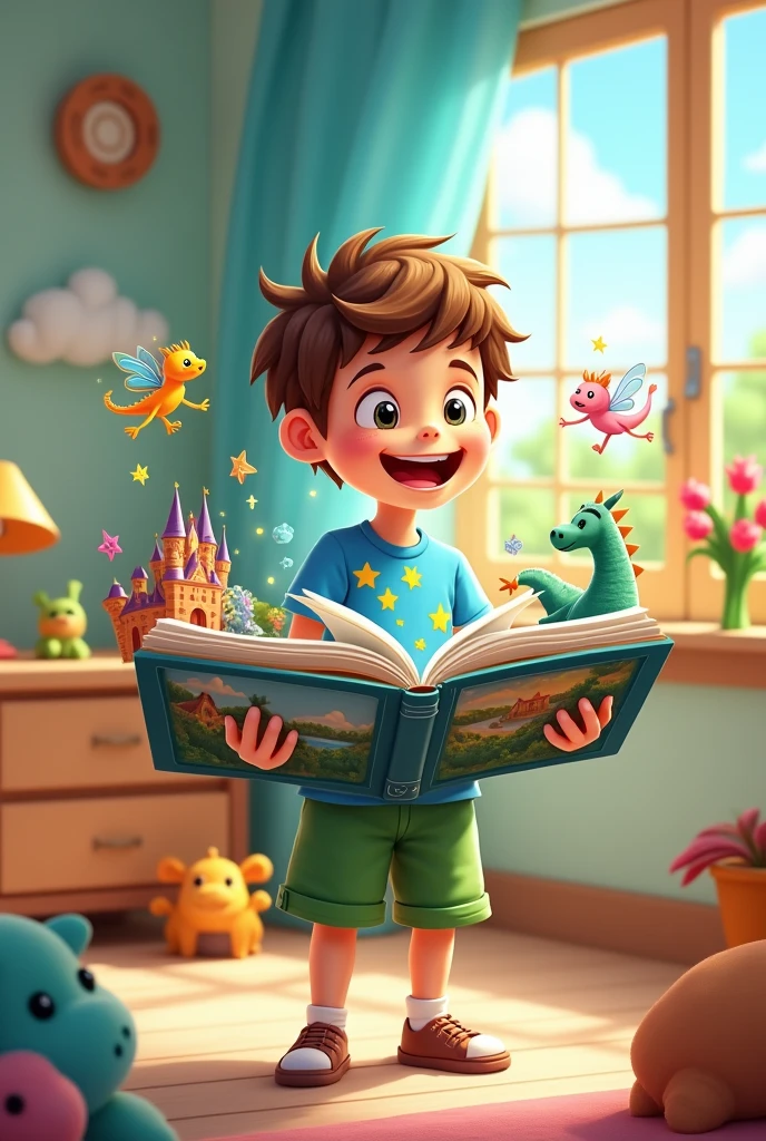 Create a colorful, child-friendly PNG image featuring:

A happy and curious boy, around 7-9 years old, holding an open book.
The boy should be wearing simple, colorful clothes (such as a t-shirt and pants or shorts).
The book should have a vibrant, decorated cover with magical or fantasy elements, and some pages visible with lively illustrations.
Surrounding the boy, add visual representations of his imagination, such as dragons, castles, fairies, planets, or talking animals, floating or emerging from the book with bright colors and playful shapes.
The background can be a simple scene, like a child’s bedroom or an outdoor setting, decorated with elements that complement the scene (such as toys, stars, or clouds).