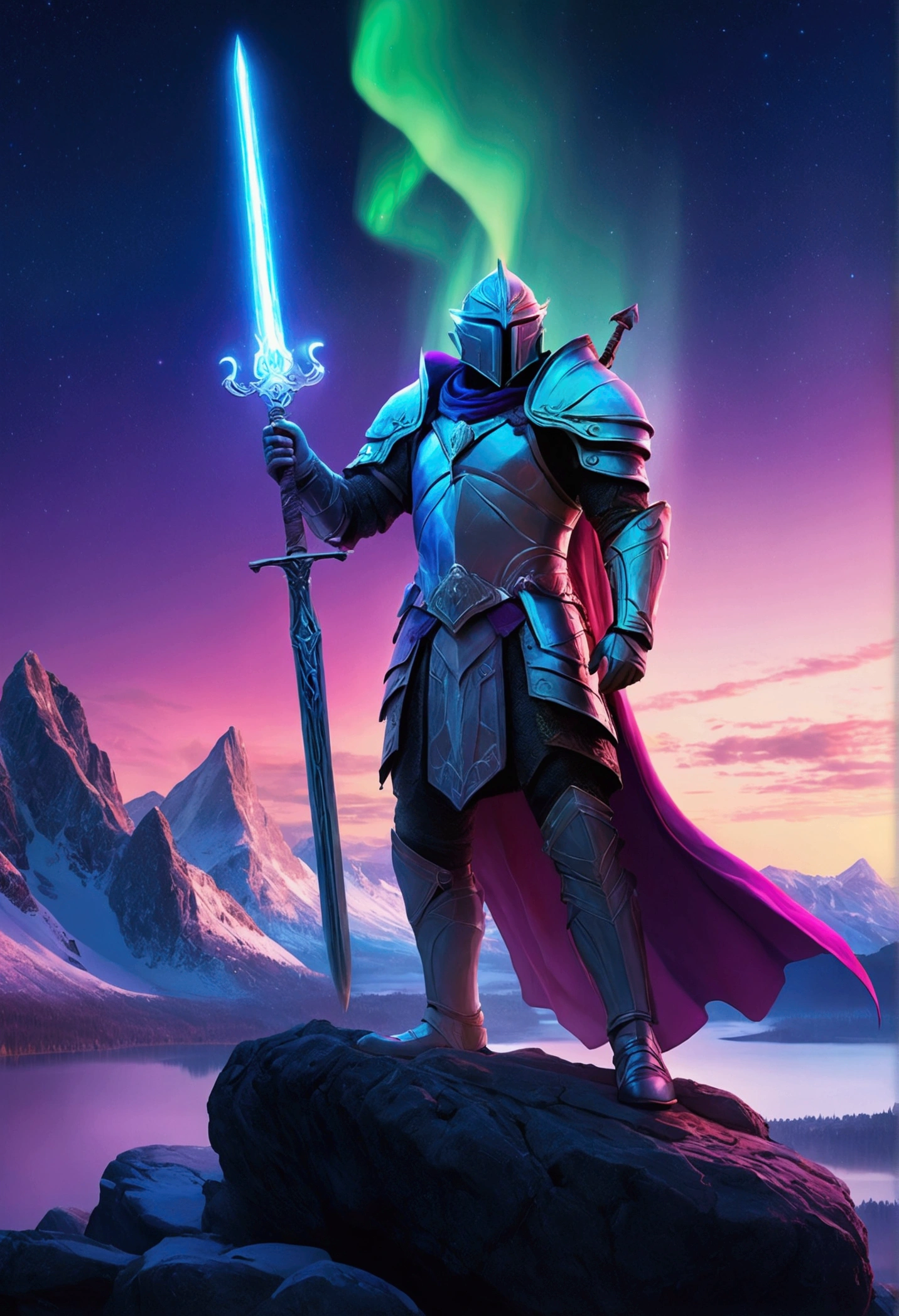 Capture a towering hero atop a mountain shrouded in the Northern Lights. He wears luminous armor, reflecting heavenly lights, holding a sword of light in one hand and an ancient book emanating mystical power in the other. ao redor, Dark Nephilim fade into shadows on the battlefield below, full of weathered rocks, ancient trees and rivers of neon light. The glorious dawn begins to appear on the horizon, bathing the scene in vibrant shades of blue, purple, and pink, Creating an epic atmosphere, detailed in ultra 4K resolution.