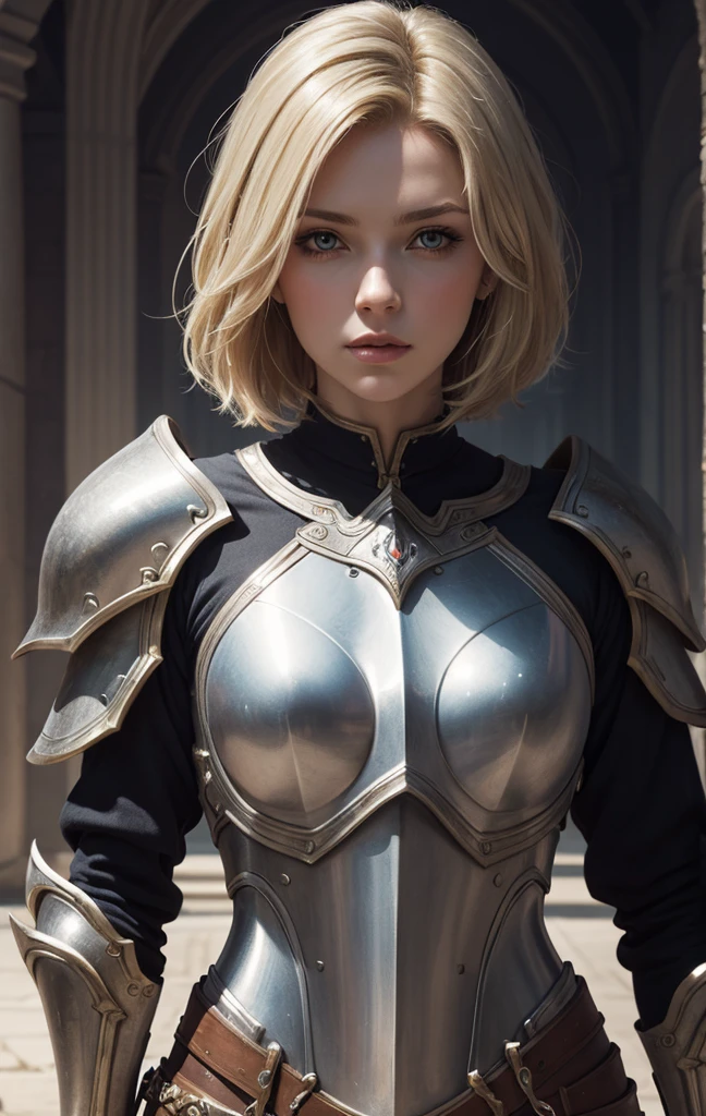 masterpiece, best quality, 1woman, solo, fantasy art, human, female paladin, beautiful, portrait, short blonde hair, silver armor, looking at viewer