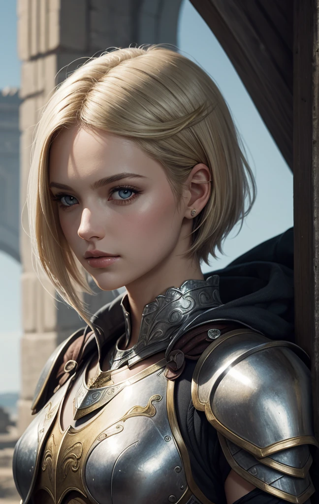 masterpiece, best quality, 1woman, solo, fantasy art, human, female paladin, beautiful, portrait, short blonde hair, silver armor, looking at viewer