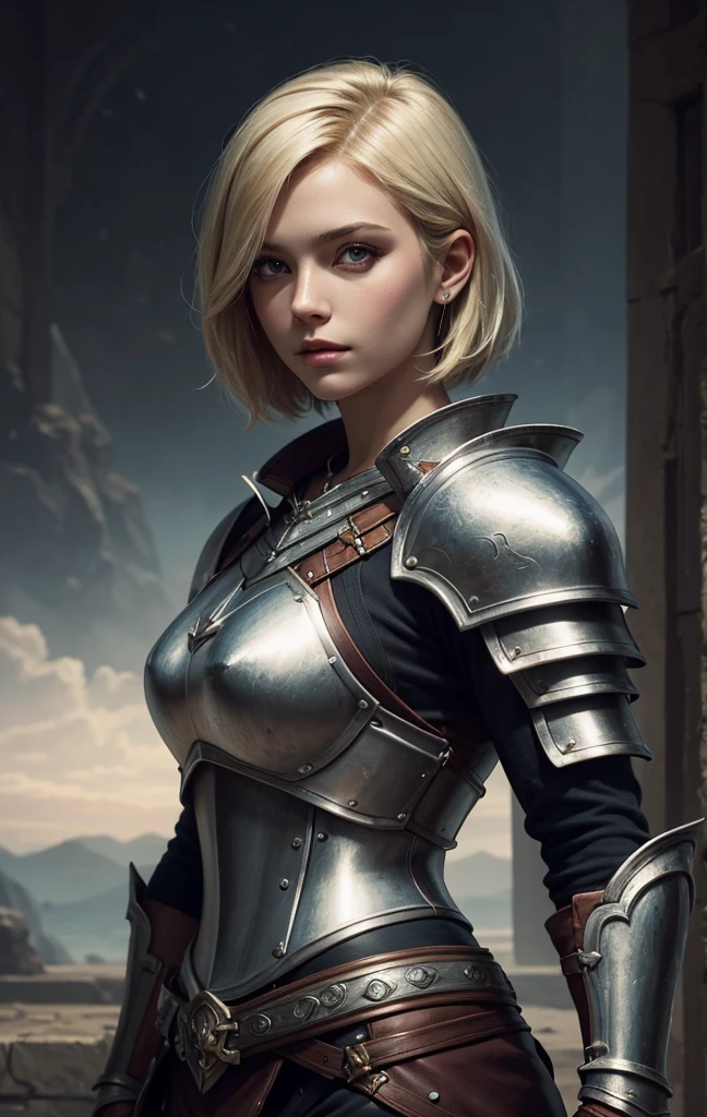 masterpiece, best quality, 1woman, solo, fantasy art, human, female paladin, beautiful, portrait, short blonde hair, silver armor, looking at viewer