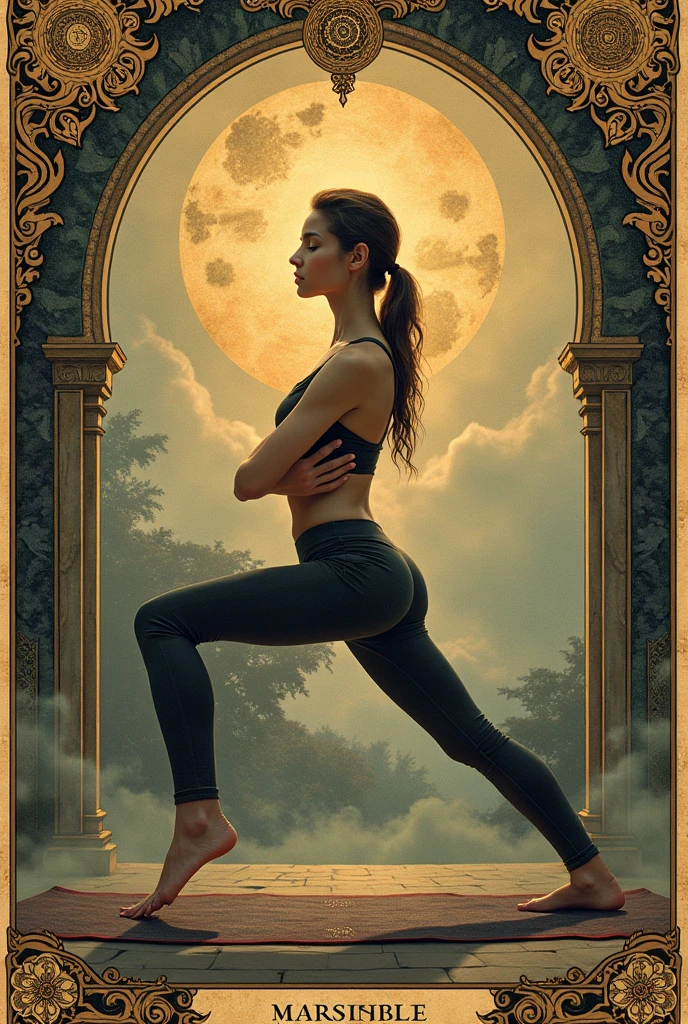 "A young woman practicing yoga, viewed from the side. Her right leg is bent with the knee aligned with the ankle. Her torso is inclined forward and both hands are placed on the mat.  hands on the mat beside the rifgt leg Her left leg is fully extended straight back with her left leg and foot touching the mat back. The side view clearly shows the alignment and posture of her body she is in low lunge pose the lesgs are wide open. The image is in the style of Tarot de Marseille cards, with intricate details and a mystical, ancient atmosphere." no hand up or in the knee her hand are on the mat