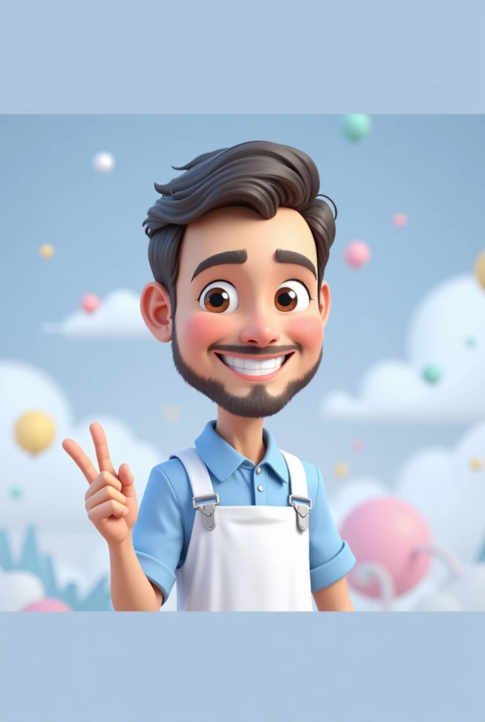 Cartoon character of a man blue shirt 35 years old, thin beard small strands, an animated character, stylized character, animation style rendering, 3d stylized, smiling and making a nice hand sign