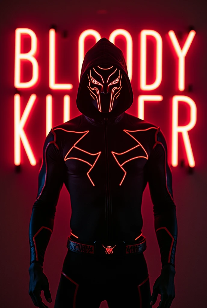 character with red mask with black outline and black suit with red outline and in front in red neon letters with black outline bloody killer and below in small letters youtuber of bloodstriker with a logo on his suit