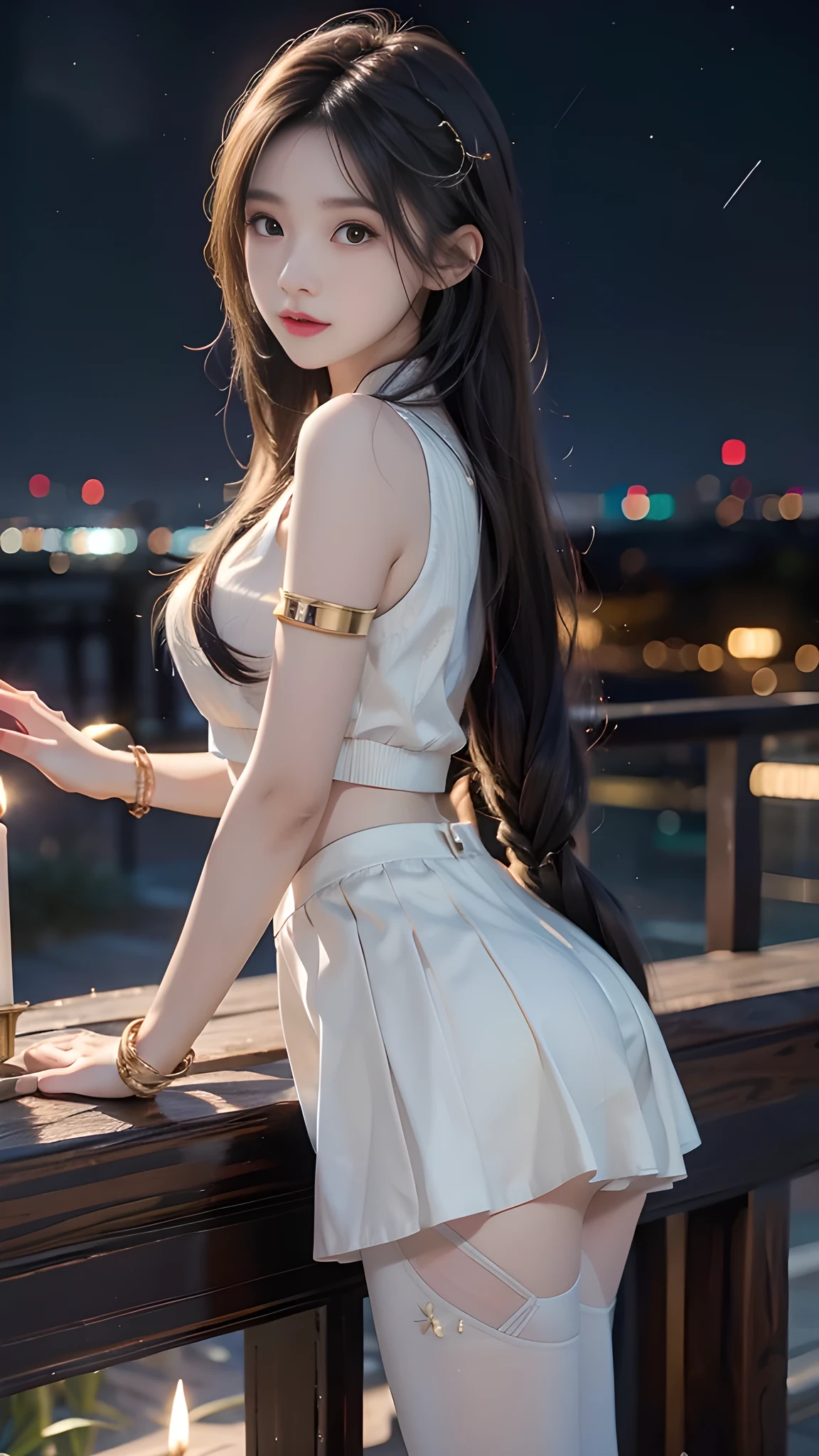 ulzzang-6500-v1.1, (RAW photo: 1.2), (Real photo), (Real photo: 1.4), 1 girl、Perfect anatomy、19 years old、Looking at the camera、Medium length hair、side braid, short white uniform skirt, holding a white jade bracelet next to the flickering candles at night, under the starry night sky, ((starry night: 1.1))、(Hyperrealistic tights: 1.2), (Business service)、Asian eyes Ella,