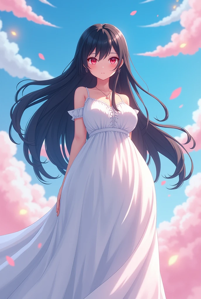 White woman, Black hair, Big White hat, Red eyes, Thick body, Huge breasts, Big boobs, Big ass, Tall, White dress, Anime style, Ghost aura, Giant breasts, big boobs, Giant breasts 