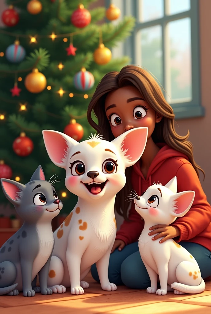 (photorealism:1.2),Create a cartoon illustration of my pet with a 2D animation style. He is next to the Christmas tree, he is a dog, he is a chihuhuha, white in color with light brown spots, and he is with his owner, a with dark skin, long brown hair, and 2 cats, one gray with spots and one white with spots.