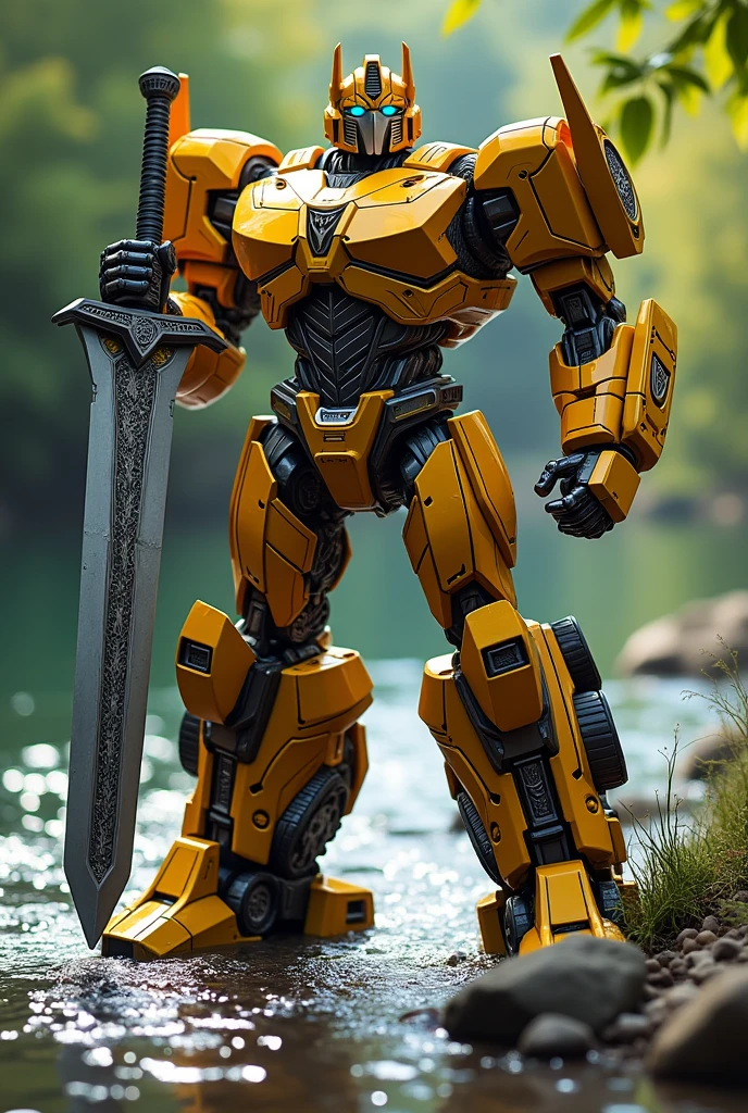 Optimus prime standing on the bank of a river in yellow suit
Holding a big Soward 
