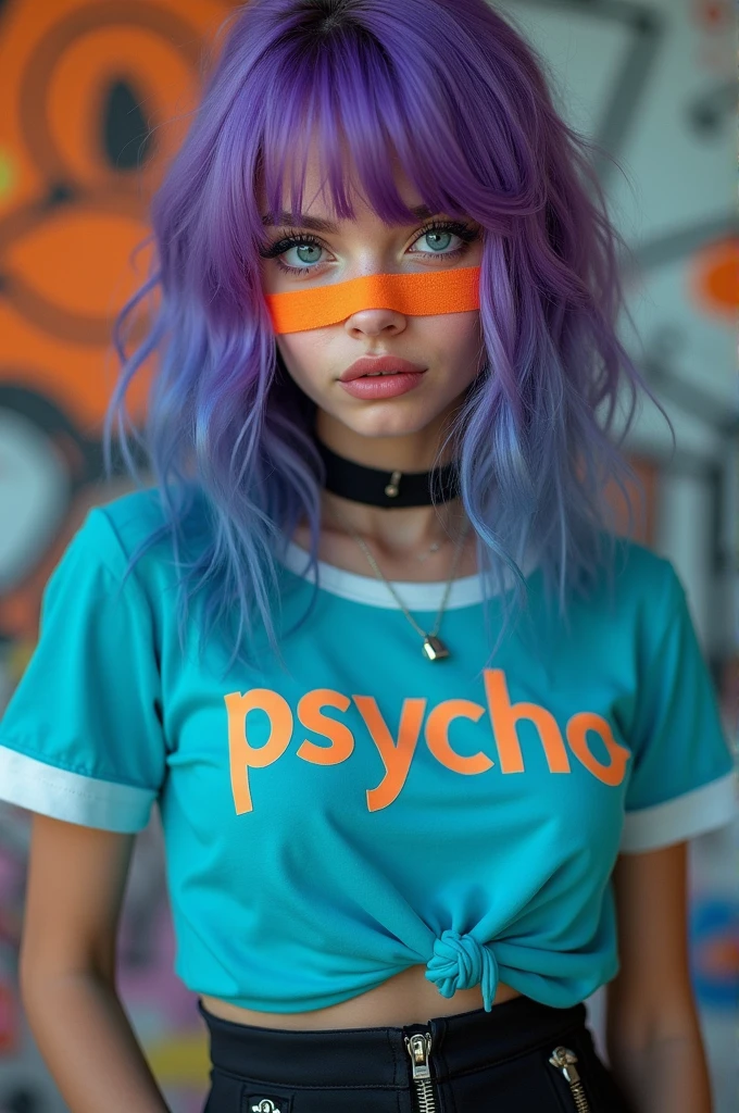 8K, HD image, good body, super detailed, good resolution, good lighting, Girl, purple hair with blue tips, blue eyes, long eyelashes, pink lips, orange bandage on her nose, cyan blouse with the word psyco written on it, black skirt with zippers, black choker with a padlock