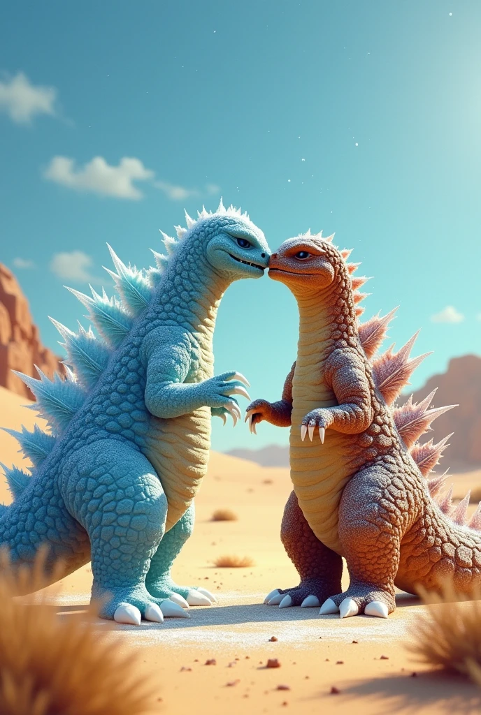 An ice goodzilla kissing a dry goodzilla


