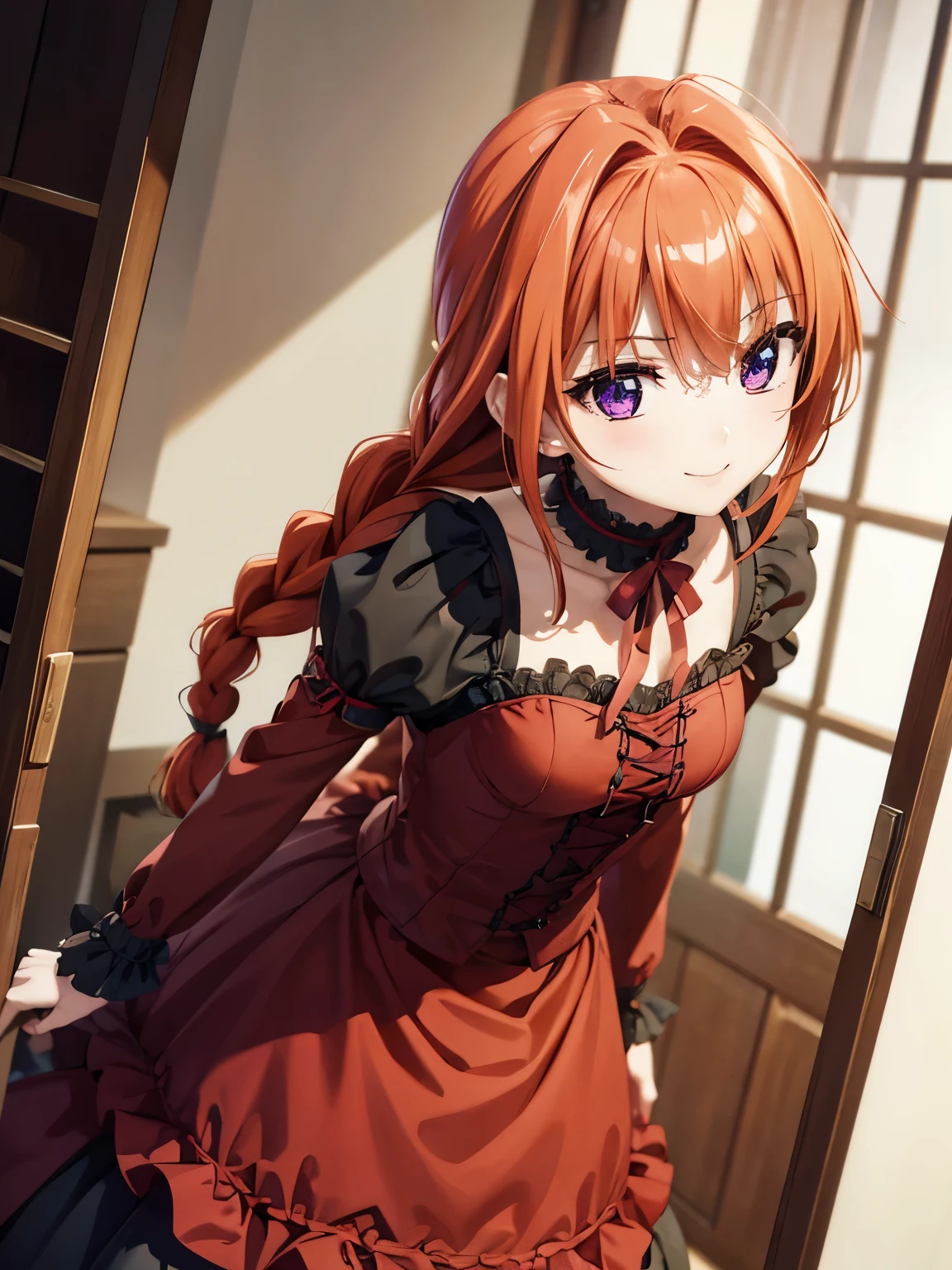 Highest quality,Otome、(Anime illustration style),Sexy Vita、Leaning forward,Shooting from the front、High resolution、Standing、大人のLife、Bedroom、Bed、Life、 Beautiful attractive orange hair、Braided twin、日にShine朱色の髪、Beautiful and attractive purple eyes、smile、Closed Mouth、smile、Gothic Andorita、Red and black gothic clothing、1 person、Beautiful Eyes, Sharp pupils, Sharp focus, (Very detailed, bloom, Shine)、(Genuine、Realistic、Realistic)、High resolution、超High resolution、Ultra-fine painting、Cowboy Shot、