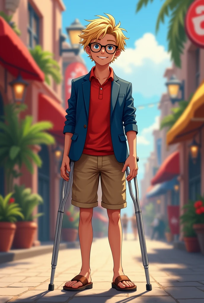 age rich amputee boy with (blonde hair), only one leg (without prosthesis) and round glasses, wearing a (red polo shirt) under a (blue suit jacket), wearing (tan shorts) and (brown sandal), on crutches, smirking; (((Best quality))) master piece vector illustration; anime character in sharp focus; detailed and vibrant anime face; character design; beautiful and vibrant digital art, hyperdetailed; overexaggerated features; Dynamic Lighting; Volumetric Lighting in 8k, Ultra Sharp Focus; intricate Artwork Masterpiece