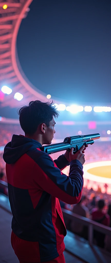 Shooting with a laser gun aiming at a circle in the distance at the Paris Olympic Games in the background of the large arosmas