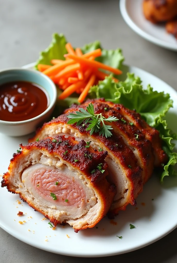 Crispy slices of Pork Lechon kawali porchetta , straight top view, whole plate top view. Do not crop the plate  0 degree top view 
