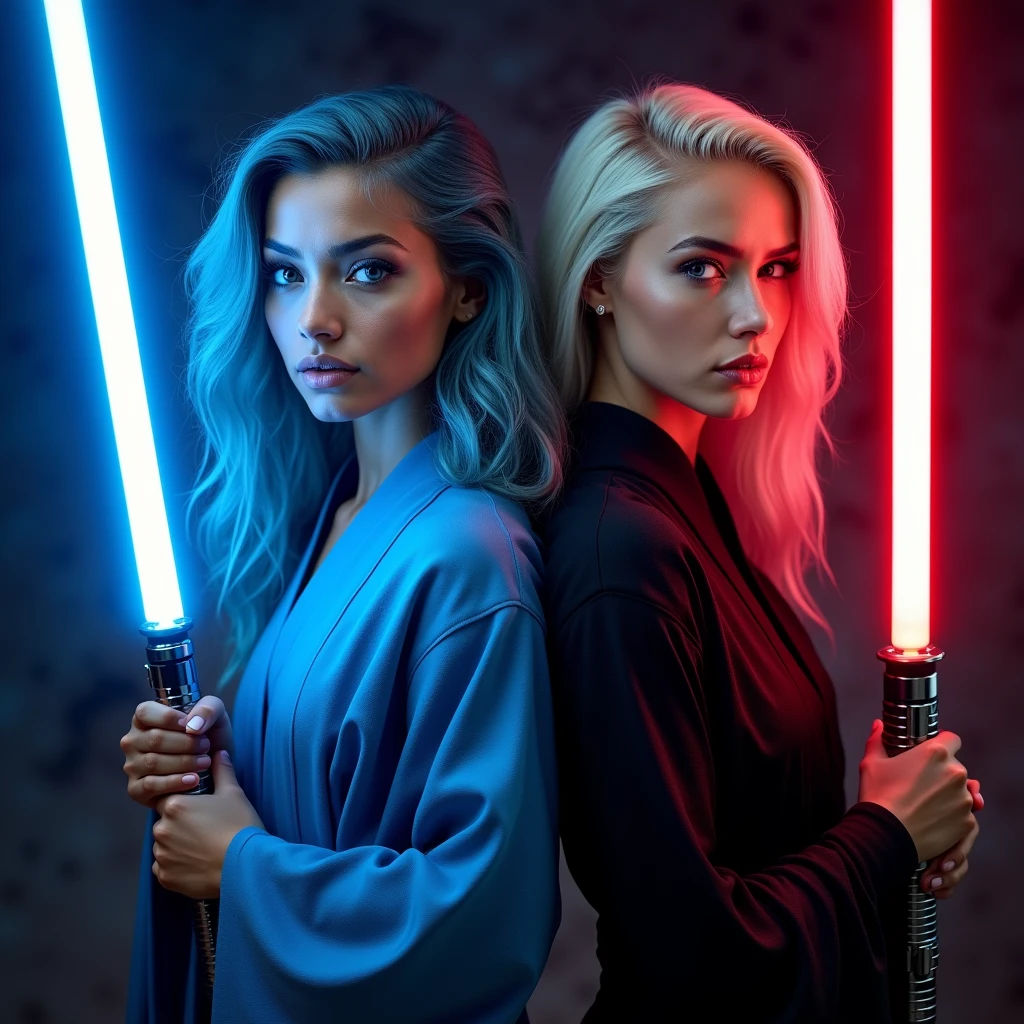 1 beautiful biracial latina woman, light blue hair, light blue eyes, big large breasts, cosplay in blue jedi with lighsaber blue close to a beautiful white woman, blue eyes, blond hair, big large breast, cosplay in black jedi lightsaber red, Résolution Haute, photorealism,Plan Américain, Vues Multiples, photoshoot