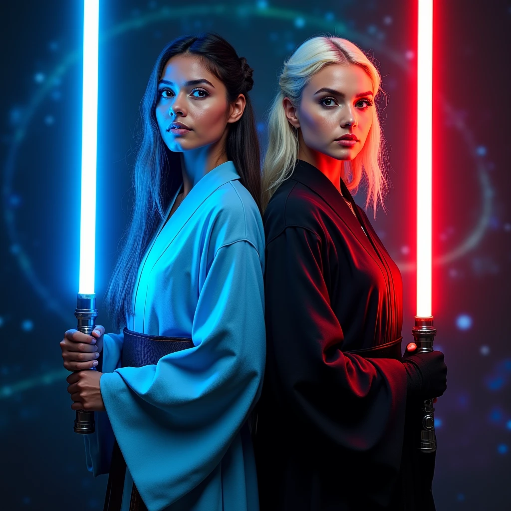 1 beautiful biracial latina woman, light blue hair, light blue eyes, big large breasts, cosplay in blue jedi with lighsaber blue close to a beautiful white woman, blue eyes, blond hair, big large breast, cosplay in black jedi lightsaber red, Résolution Haute, photorealism,Plan Américain, Vues Multiples, photoshoot