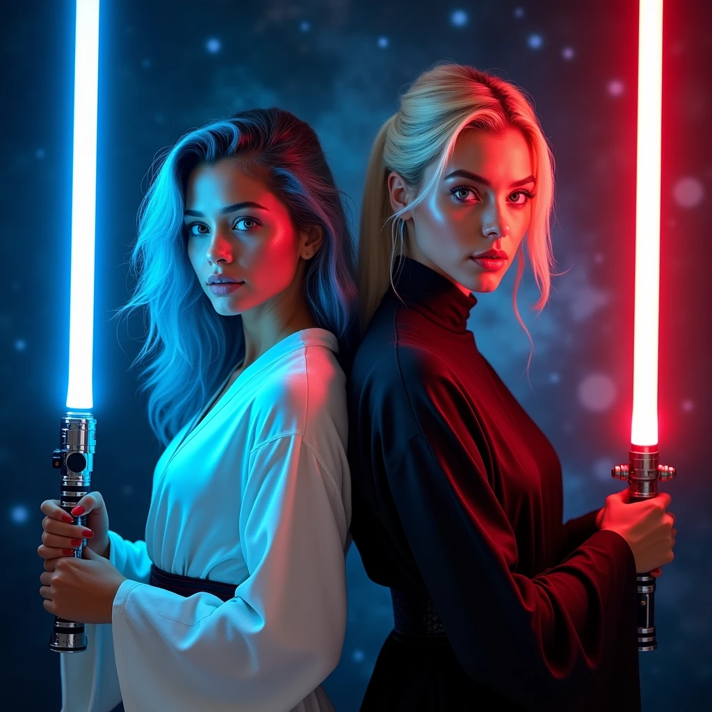 1 beautiful biracial latina woman, light blue hair, light blue eyes, big large breasts, cosplay in blue jedi with lighsaber blue close to a beautiful white woman, blue eyes, blond hair, big large breast, cosplay in black jedi lightsaber red, Résolution Haute, photorealism,Plan Américain, Vues Multiples, photoshoot