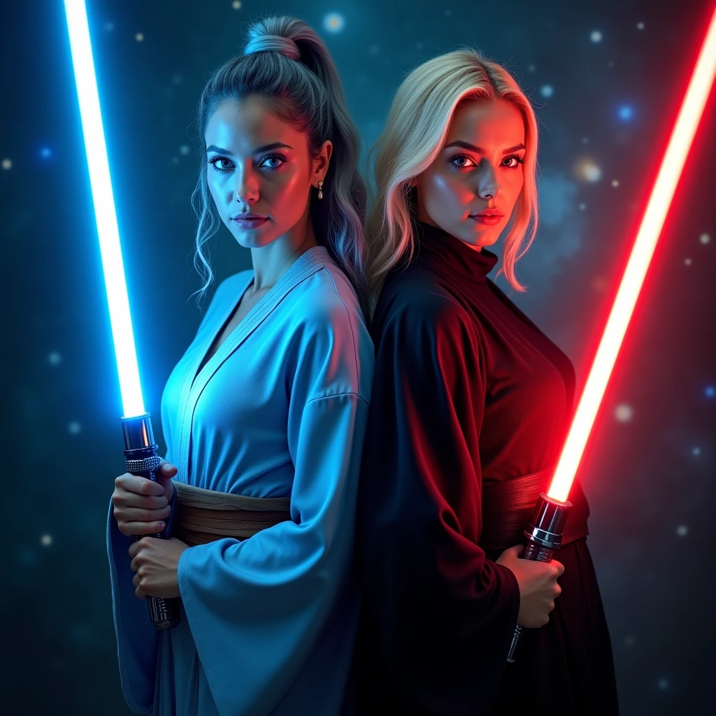 1 beautiful biracial latina woman, light blue hair, light blue eyes, big large breasts, cosplay in blue jedi with lighsaber blue close to a beautiful white woman, blue eyes, blond hair, big large breast, cosplay in black jedi lightsaber red, Résolution Haute, photorealism,Plan Américain, Vues Multiples, photoshoot