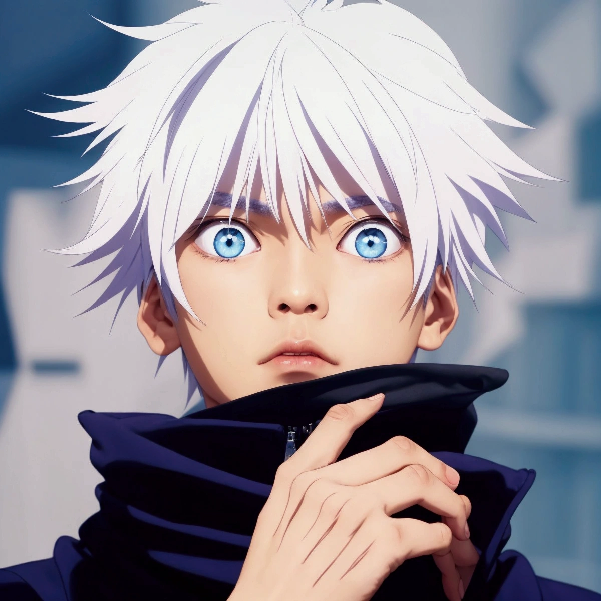a Asian male, with white spiky hair. has very vibrant blue eyes. Wears a dark blue zip-up jacket with a high collar that's also fairly wide.