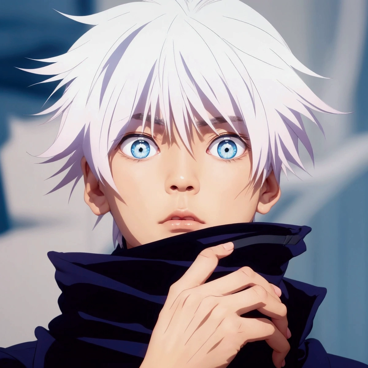a Asian male, with white spiky hair. has very vibrant blue eyes. Wears a dark blue zip-up jacket with a high collar that's also fairly wide.
