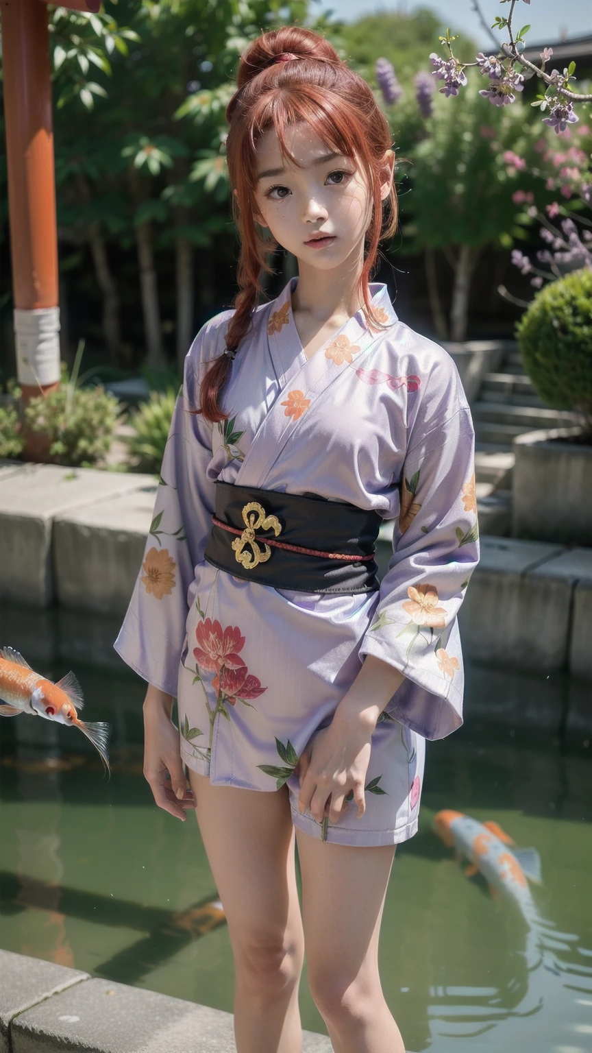 ((top quality, ultra-detailed, high resolution, extremely detailed CG, unity 8k wallpaper, by famous artist, perfect anatomy, super detailed skin, cinematic lighting, UHD, retina, anatomically correct, 1080P)), (Please draw a single one happy girl wakking in the japanese suburbs:1.3), ((1girl)), (Solo, face,13-year-old:2.0), a junior high school student, ((cute petit girl, chibi, babyface)) androgynous charm, (Medium hair, ((full red hair)) ((redhead)), pigtails, straight bangs, with a bow in her hair, ((very thin legs)), ((skinny legs, thin body, small build)), Full limbs, complete fingers, ((perfect fingers and hands)), flat chest, small breasts, childish body, small butt, groin, Beautiful detailed full yellow gold eyes, perfect eyes, (Detailed Lighting), ((japanese suburbs background)), (Detailed scenary background), full body view, ((standing)), legs. Cute, kawaii single girl (one girl), full body shot, front body, ((left hand up, right hand down)), ((little young body:1.3)), ((Yukata in soft lavender with a koi fish design, worn with a vibrant obi and a matching hand fan))), ((A natural, correctly proportioned hands)),