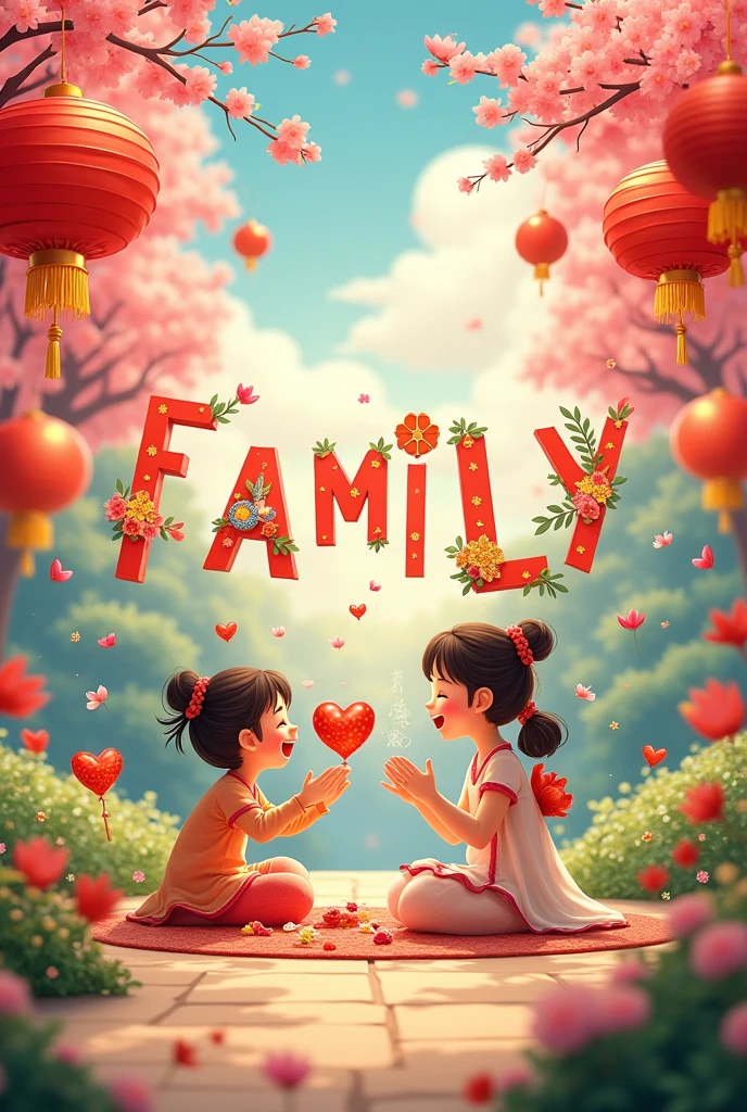 word "FAMILY LGMG" with animated letters and illustrations of Chinese culture for family day 