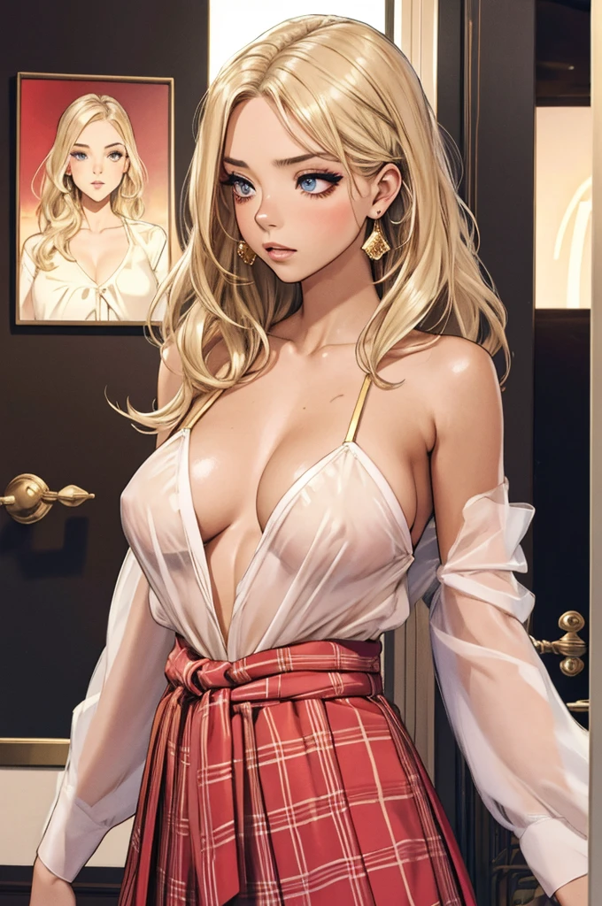 1girl,a beautiful fashion model ,(masterpiece, detailed background, best quality), boho bob, shoulder length hair, wavy and shiny hair, light blonde hair elegant makeup, dark makeup, earrings, pink eyeshadow, white shirt, red plaid skirt, gold bra and thong, wet skin, feigned shyness, large breasts, shiny breasts, under boob, slim waist, strap gap, airhead, thot, sydney sweeney