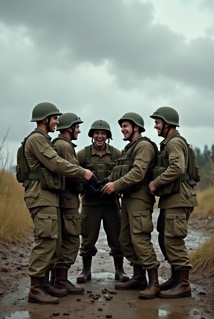 Five soldiers in a square mocking a