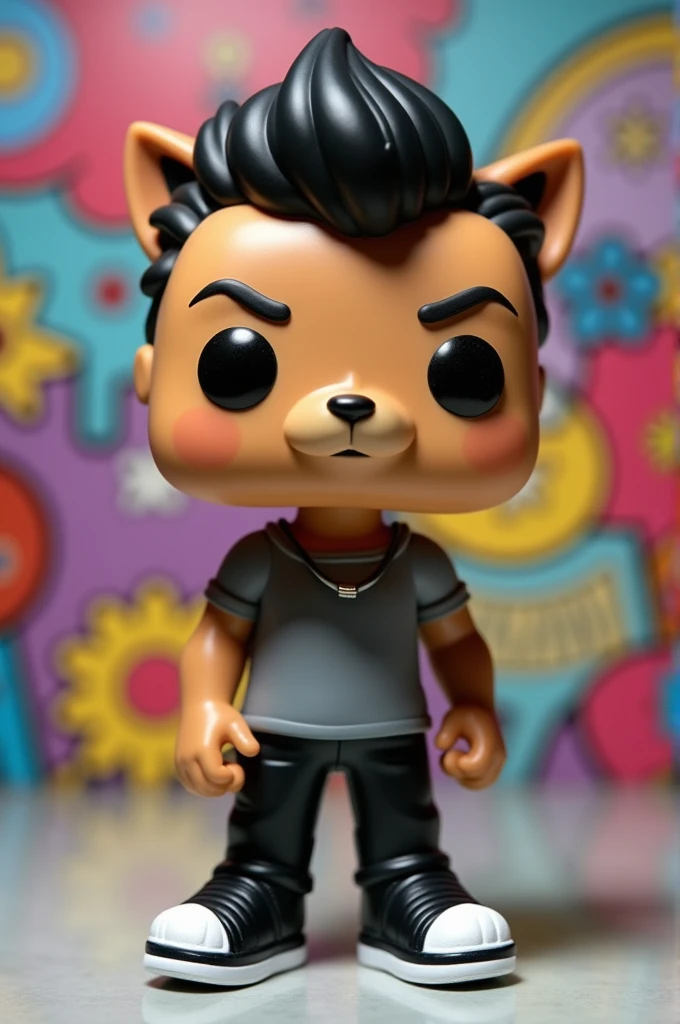 Funko pop of a light brown skinned animal, slicked black hair, with black and white crocs, with watch on wrist. no tattoos, without glasses. with gray shirt and black pants.