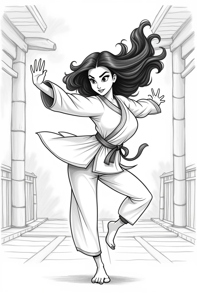 drawing of disney mulan with curly hair, in a white karate fighter outfit giving a kick in the form of a pencil cartoon with the contours marked to make a tracing


