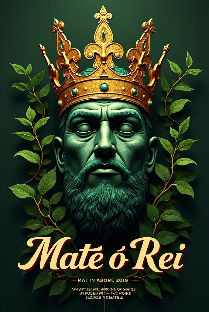 Create a logo for an artisanal cachaça with a touch of mate tea, call "Mate o Rei". The image must contain the severed head of a king.