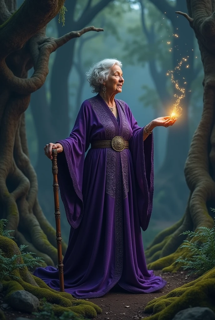 90 year old woman casting a spell holding a cane in her hand