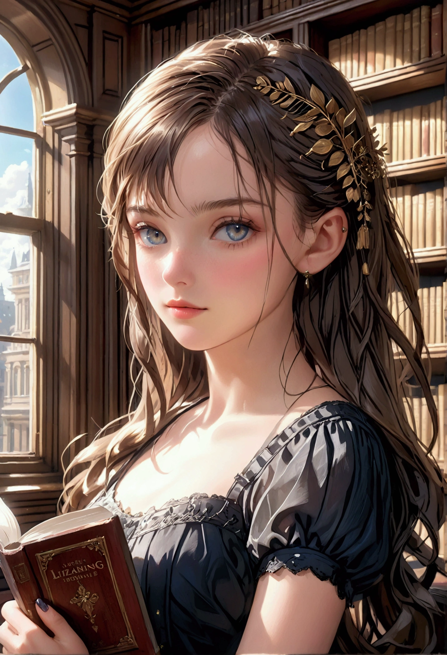 a woman reading a book, beautiful detailed eyes, beautiful detailed lips,extremely detailed eyes and face, long eyelashes, elegant expression, classic dress, sitting by a window, warm sunlight, cozy library interior, bookshelf, (best quality,4k,8k,highres,masterpiece:1.2),ultra-detailed,(realistic,photorealistic,photo-realistic:1.37),portrait,natural lighting,soft colors,warm tones