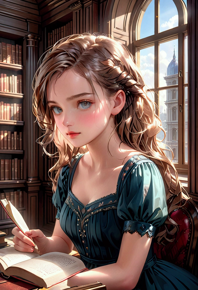 a woman reading a book, beautiful detailed eyes, beautiful detailed lips,extremely detailed eyes and face, long eyelashes, elegant expression, classic dress, sitting by a window, warm sunlight, cozy library interior, bookshelf, (best quality,4k,8k,highres,masterpiece:1.2),ultra-detailed,(realistic,photorealistic,photo-realistic:1.37),portrait,natural lighting,soft colors,warm tones