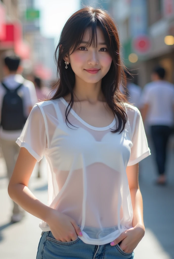 Magazine Cover:1.3、Incredibly cute girl,Super cute 16 year old girl、White skin、Thin chest、Small nipples are visible、(Wearing a tank top with loose sides)、 Professional Lighting、Tokyo Street,night, Streetscape,City lights,Upper Body,close,smile,, (8k, RAW Photos, Highest quality, masterpiece:1.2),(Realistic, photo-Realistic:1.37),Please lift your skirt、I can see your pants、