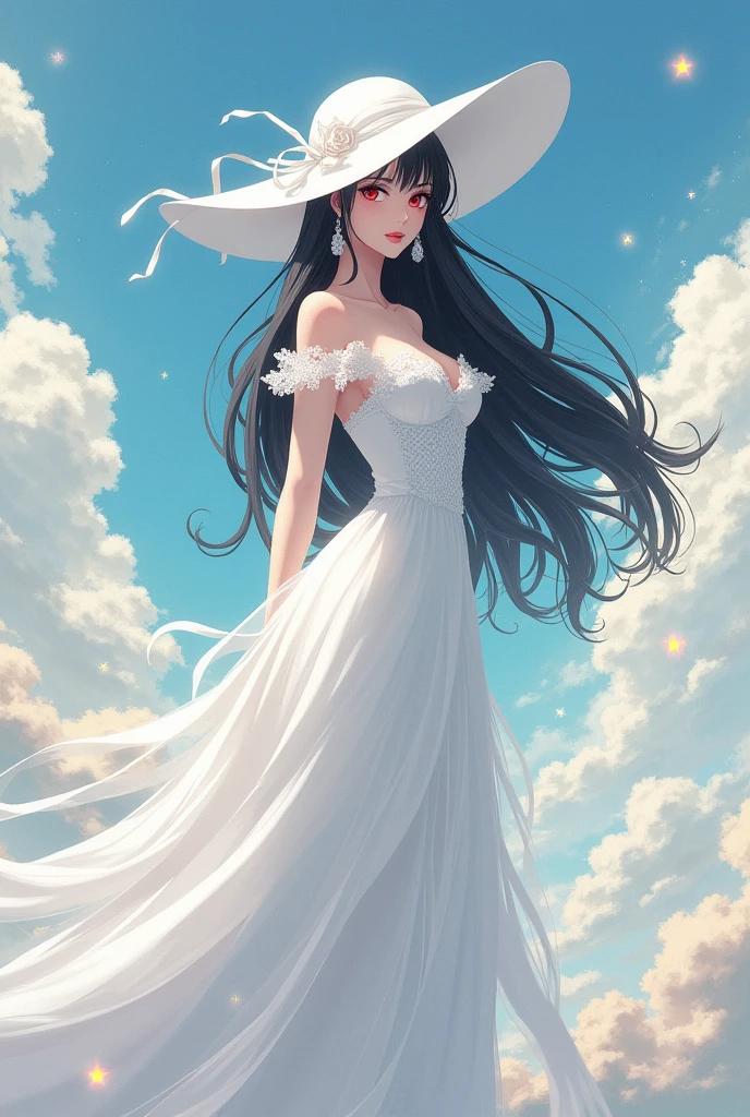 White woman, Black hair, Big White hat, Red eyes, Thick body, Huge breasts, Big boobs, Big ass, Tall, White dress, Anime style, Ghost aura, Giant breasts, big boobs, Giant breasts milf