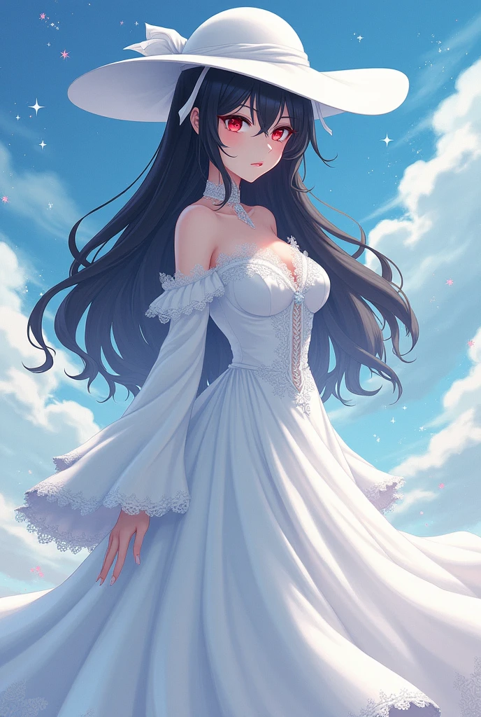 White woman, Black hair, Big White hat, Red eyes, Thick body, Huge breasts, Big boobs, Big ass, Tall, White dress, Anime style, Ghost aura, Giant breasts, big boobs, Giant breasts milf
