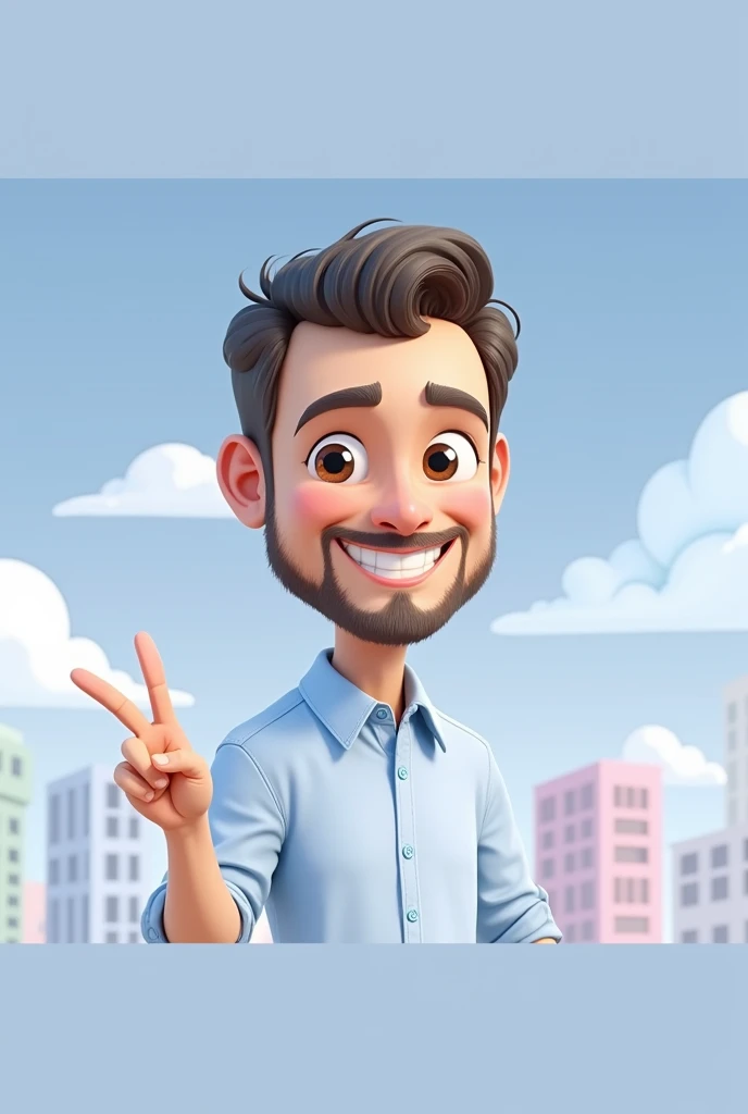 Cartoon character of a man blue shirt 35 years old, beard with few and small hairs, an animated character, stylized character, animation style rendering, 3d stylized, smiling and making a cool sign with your hand