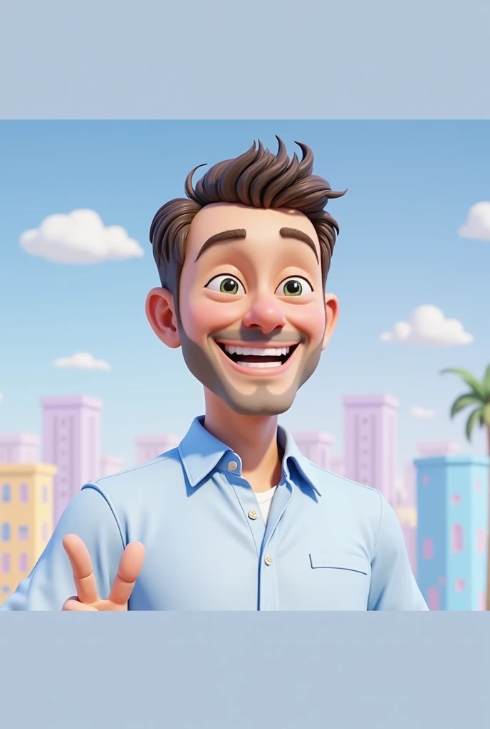Cartoon character of a man blue shirt 35 years old, beard with few and small hairs, an animated character, stylized character, animation style rendering, 3d stylized, smiling and making a cool sign with your hand