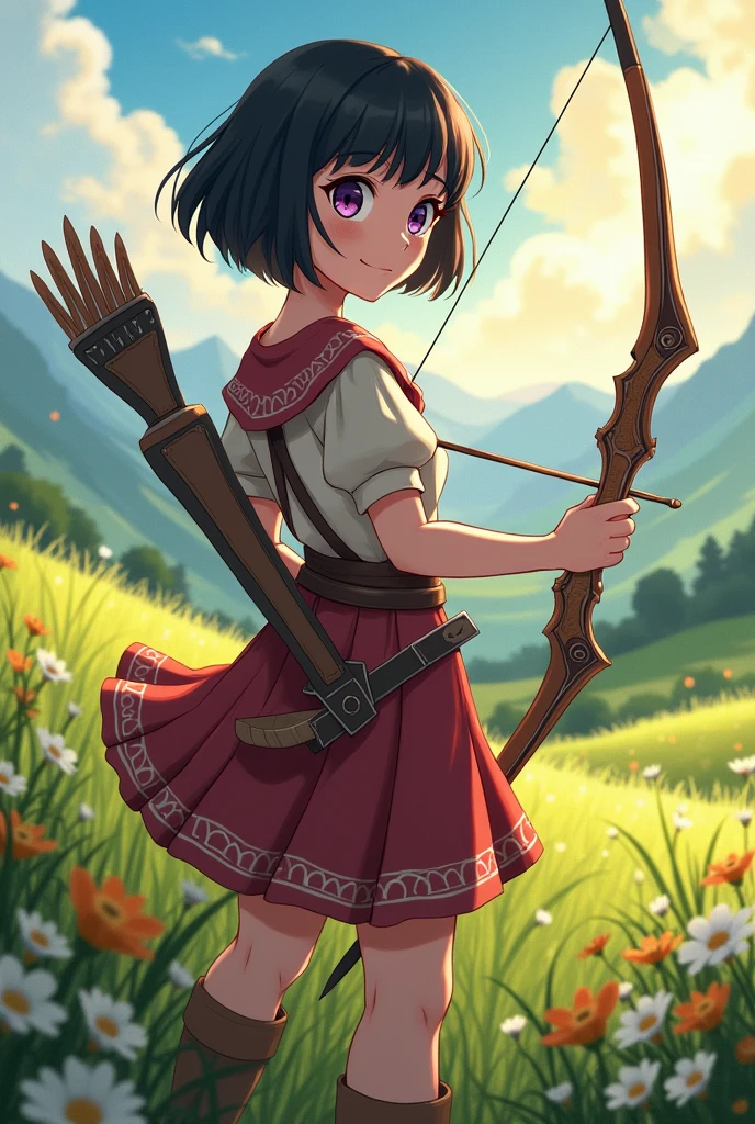 A girl who wants to be a heroine in medieval times, He has short black hair,  light skin color, purple eyes and uses an anime style weapon arrow from My hero academia 
