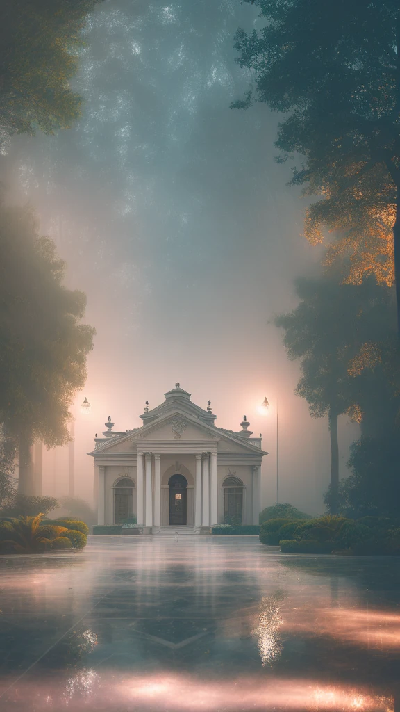 a white dreamy villa, retro, foggy, soft focus, year of 1995, cool lighting, muted pastel colors, glowing atmosphere, dramatic shadows, cinematic composition, dream-like quality, ethereal, romantic, soft focus photography, dark blue hour, midnight, windy, white marble, whimsical