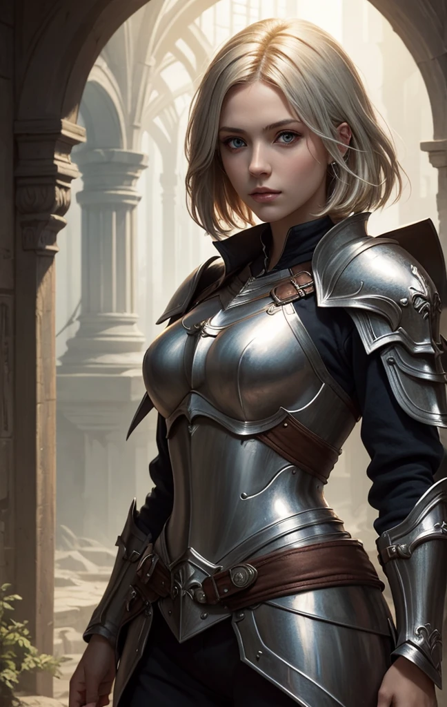 masterpiece, best quality, 1woman, solo, fantasy art, human, female paladin, beautiful, portrait, short blonde hair, silver armor, looking at viewer