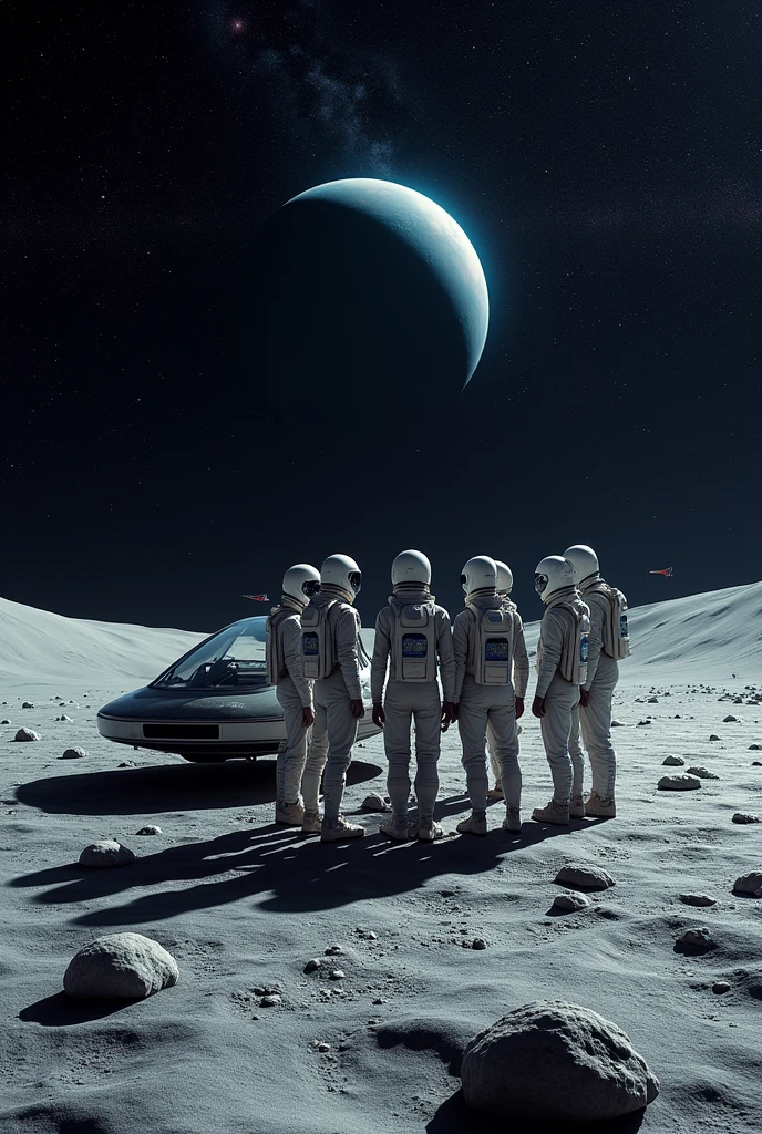 create an image about space, specifically on the moon, with spaceships and a group of survivors of 8 people.