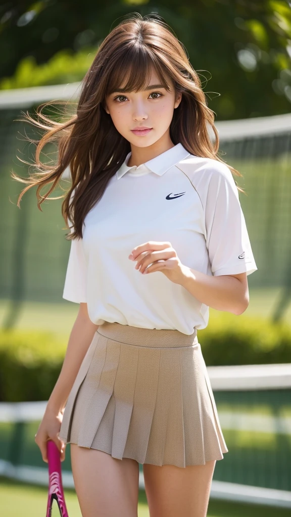 masterpiece, Highest quality, Very detailed, High resolution, (Realistic, photoRealistic:1.37), Excellent anatomy, One beautiful woman,18-year-old,tennis Club,(Knee-deep shots:1.3),(Focus on skirt and thighs:1.5),A small smile,Play Tennis,Tennis Wear, (shape), Ultra Short Short Pleated Mini Skirt, ((Very delicate and beautiful)), (Bokeh, Blurred outdoor background), Brown Hair, Long Hair, bangs,Very beautiful face, Cute type, ,Big Natural Color Lip, Big and pretty eyes, Brown eyes, Obvious double, Small and cute nose, Brown eyes, Shiny highlight spots around the eyes, Character Focus, Tilt your head, The best light, Best Shadow, mysterious, Perfect Face, Very detailed, Soft Skin, (Glowing Skin, Sweaty: 1.2)'Beautiful feet, Voluptuous thighs, Plump body, Huge breasts, (Expresses the roundness and softness of the chest area.........1), Beautiful body, (The perfect woman),(Lower both arms to the sides:1.3),Relaxed pose,Are standing,Complete off-shot,