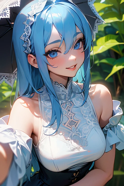 (masterpiece: 1.2, Highest quality), (Actual Photos, Intricate details), 1. woman, alone, Upper Body, casual, Shoulder-length hair, Minimal makeup, Natural materials, Face close-up, smile, Home, (Light blue hair).blue eyes, Shoulder Bare、Smiling with teeth showing、(In the gap between my breasts).((Kiss with your eyes closed)).((Lace clothes)).((sexy)).((Outdoor)).((Waist to waist)).