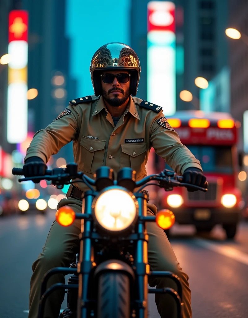 A high quality image of a man on a motorcycle, helmet with beige escort uniform, in a city, escorting a drug distribution van