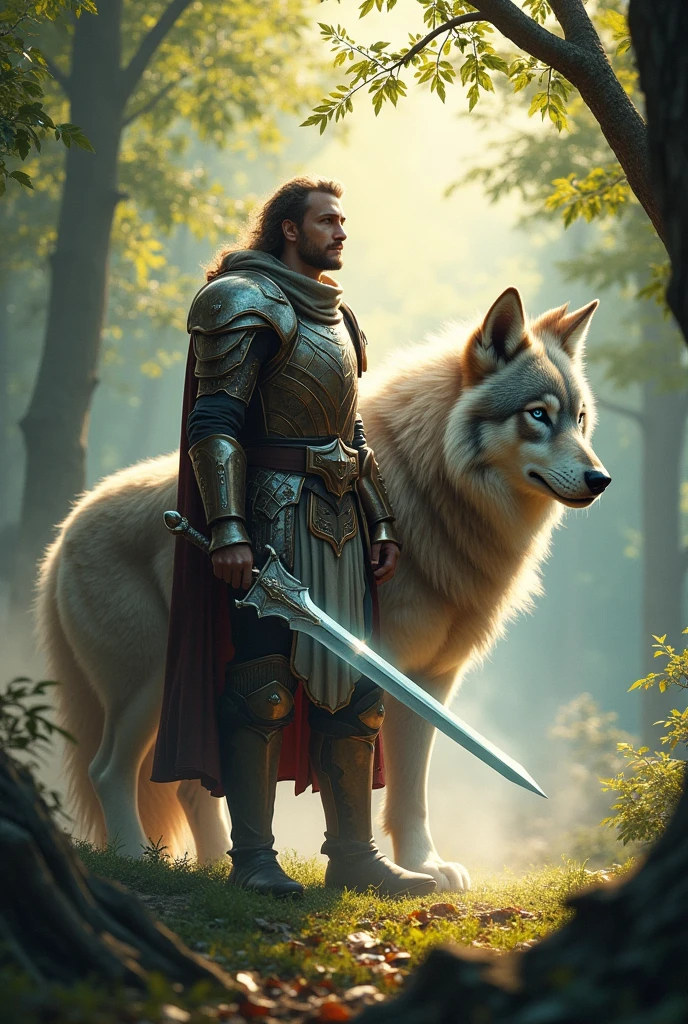 A brown-skinned paladin, with a luminous sword and whose mount is a wolf the size of a horse.